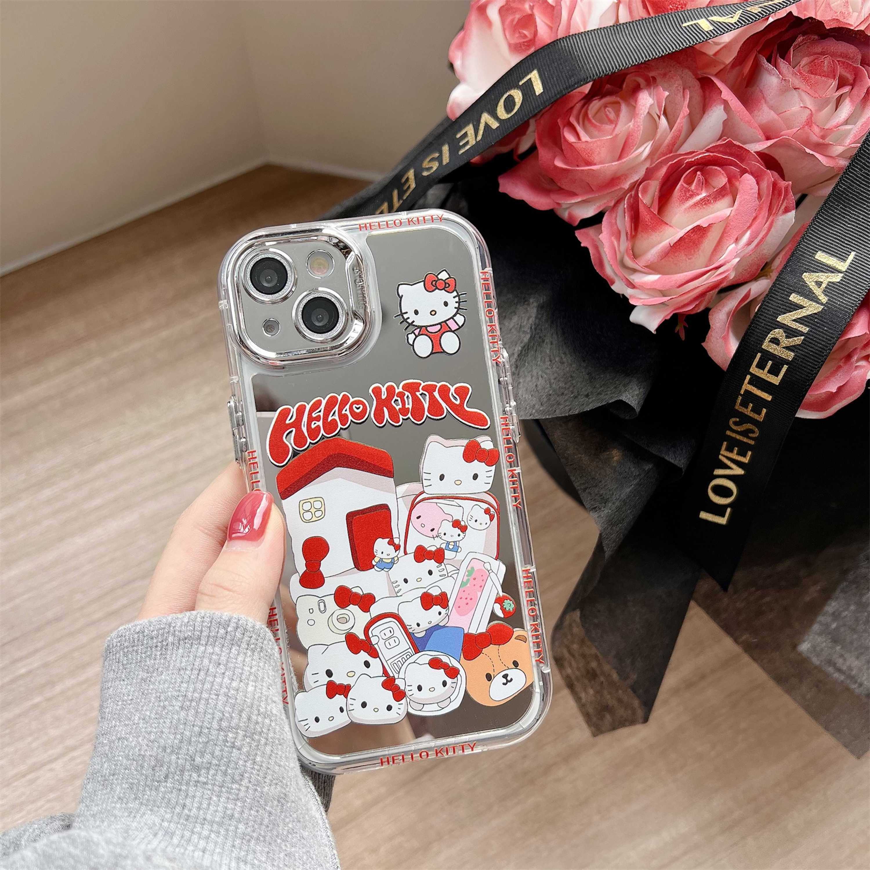 Mirror Hello cute kitty Home for iphone 14 15pro max phone case Transparent PC+TPU soft edge 4 corner airbag protective case