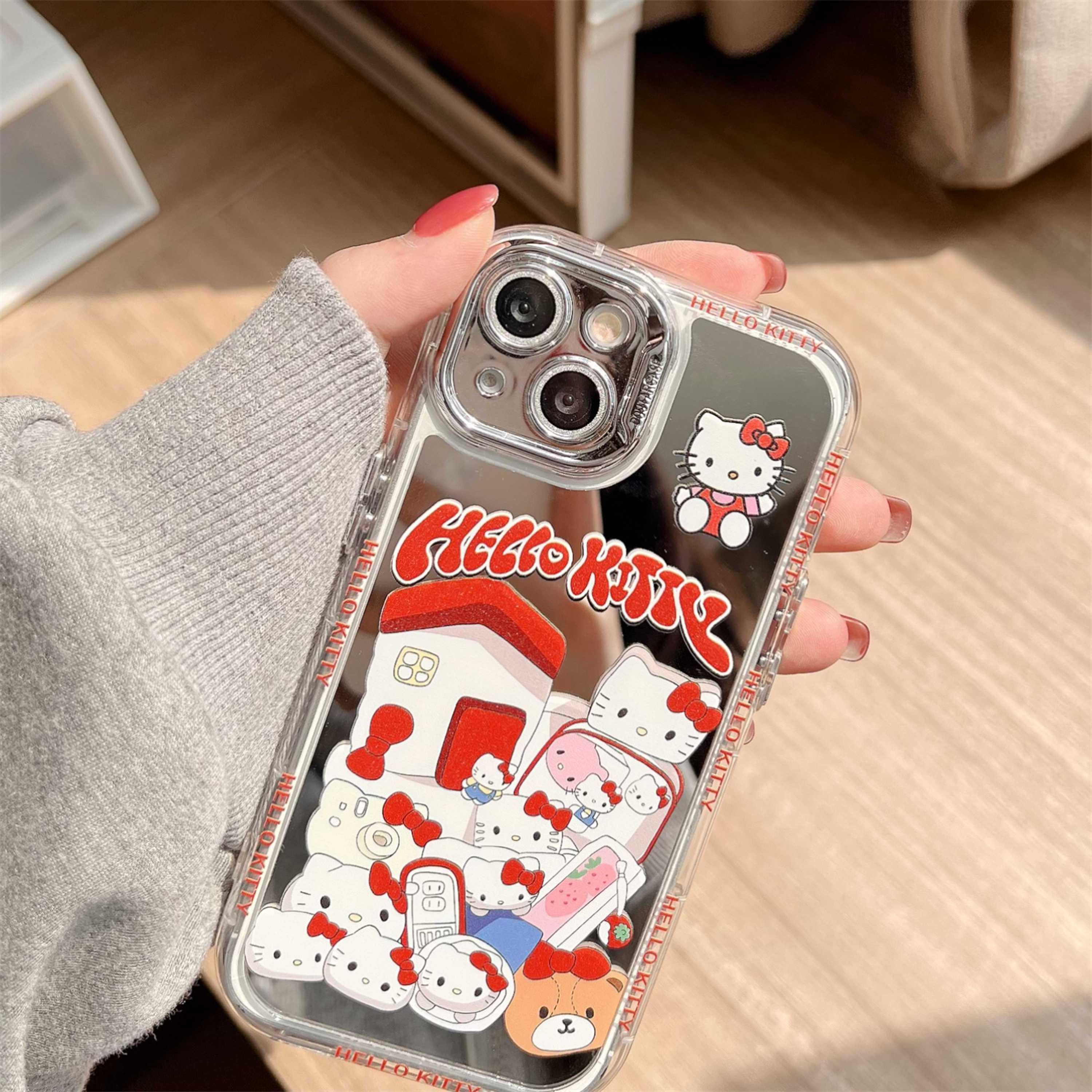 Mirror Hello cute kitty Home for iphone 14 15pro max phone case Transparent PC+TPU soft edge 4 corner airbag protective case