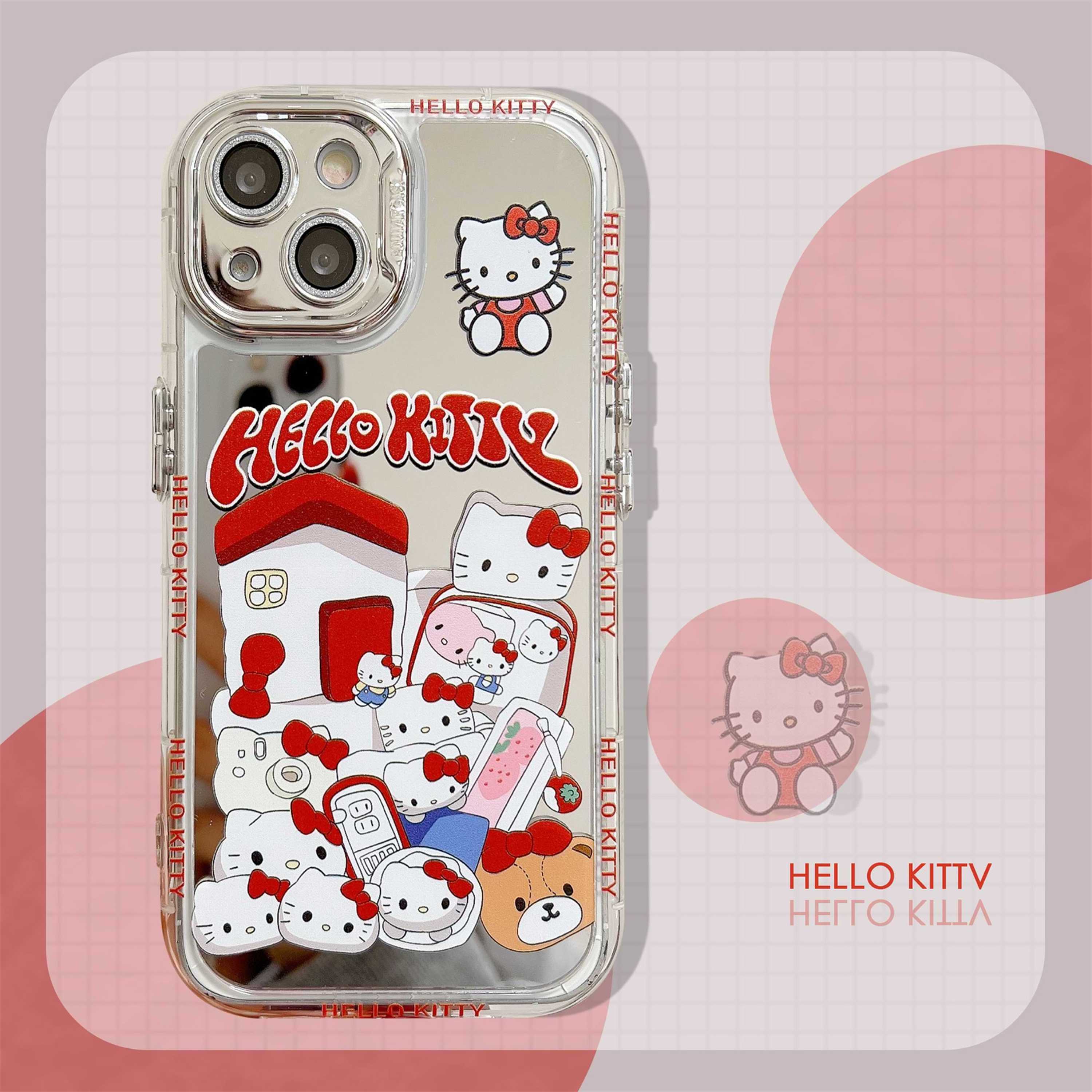 Mirror Hello cute kitty Home for iphone 14 15pro max phone case Transparent PC+TPU soft edge 4 corner airbag protective case