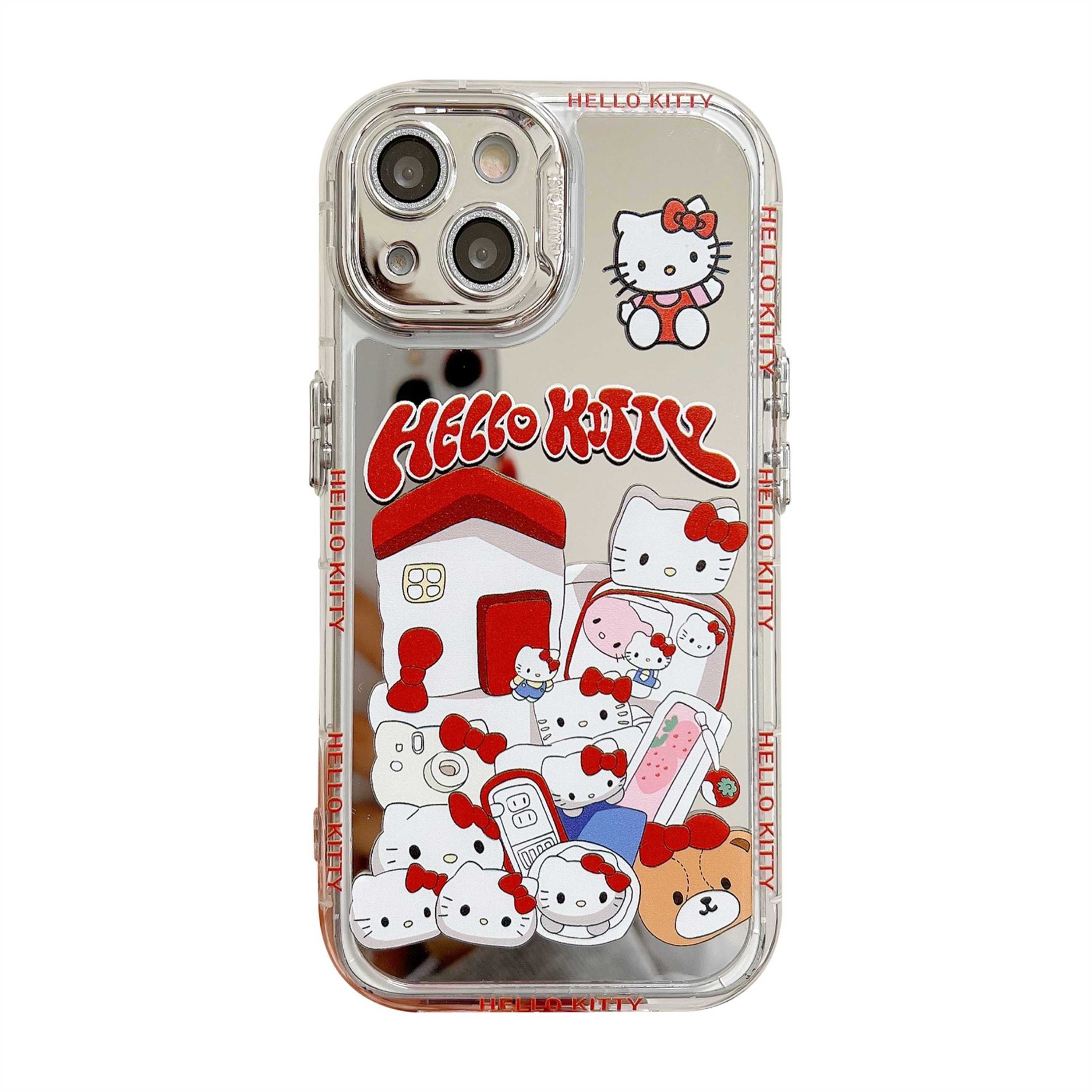 Mirror Hello cute kitty Home for iphone 14 15pro max phone case Transparent PC+TPU soft edge 4 corner airbag protective case