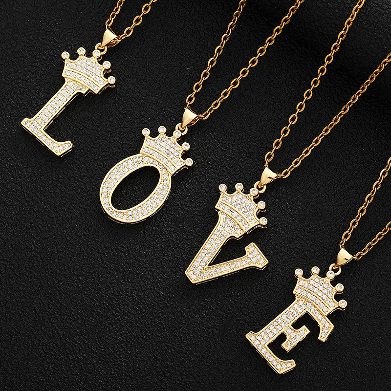 Fashion Jewelry for Men and Women Gold Strand Classic Unisex Stainless Steel Hip Hop Zircon Crown Letter Necklace