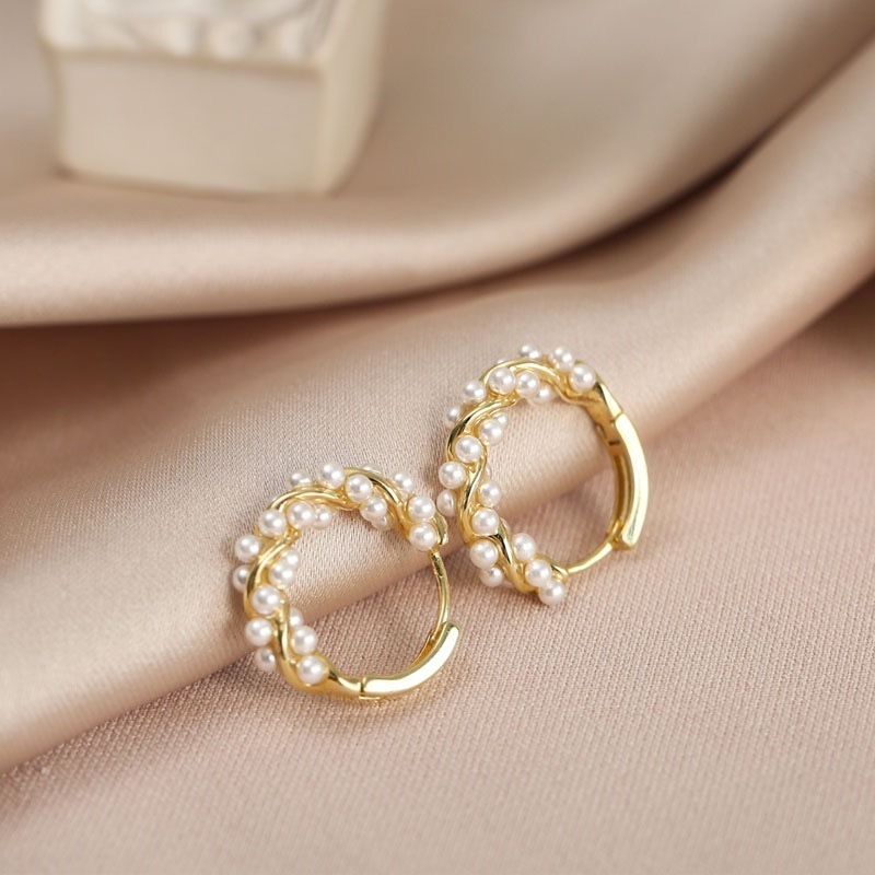 Lateefah 18k Real Gold Plated Inset Tiny Hoop Pearl Beads Twisted Huggie Earrings