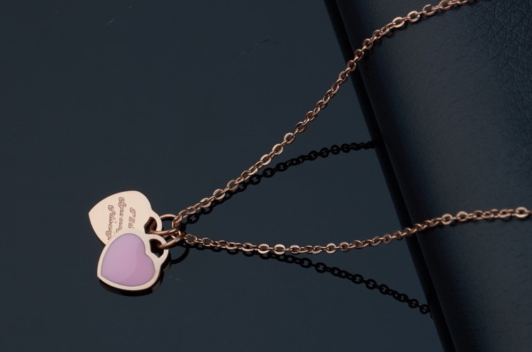 SJSG0172 Best Selling Products Stainless Steel Jewelry Gold Plated Women Pink Epoxy Double Heart Pendant Necklace