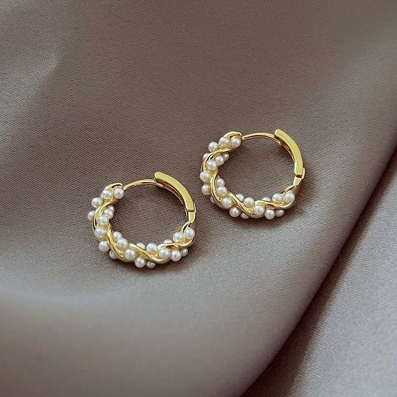 Lateefah 18k Real Gold Plated Inset Tiny Hoop Pearl Beads Twisted Huggie Earrings