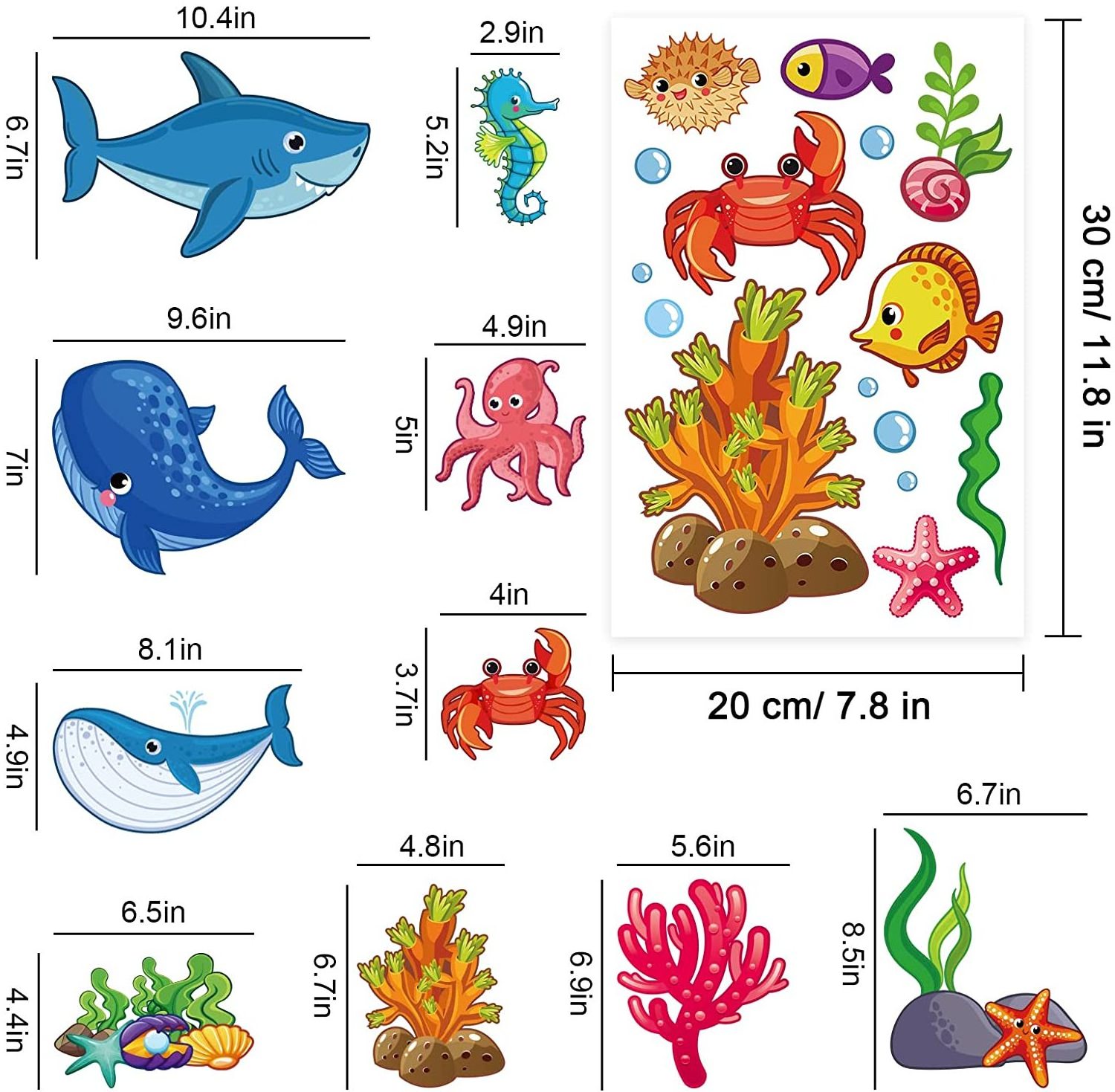 9 Sheets Ocean Themed Window Clings Stickers Cartoon Sea Life Under The Sea Double-Sided Window Decals for Summer School Home