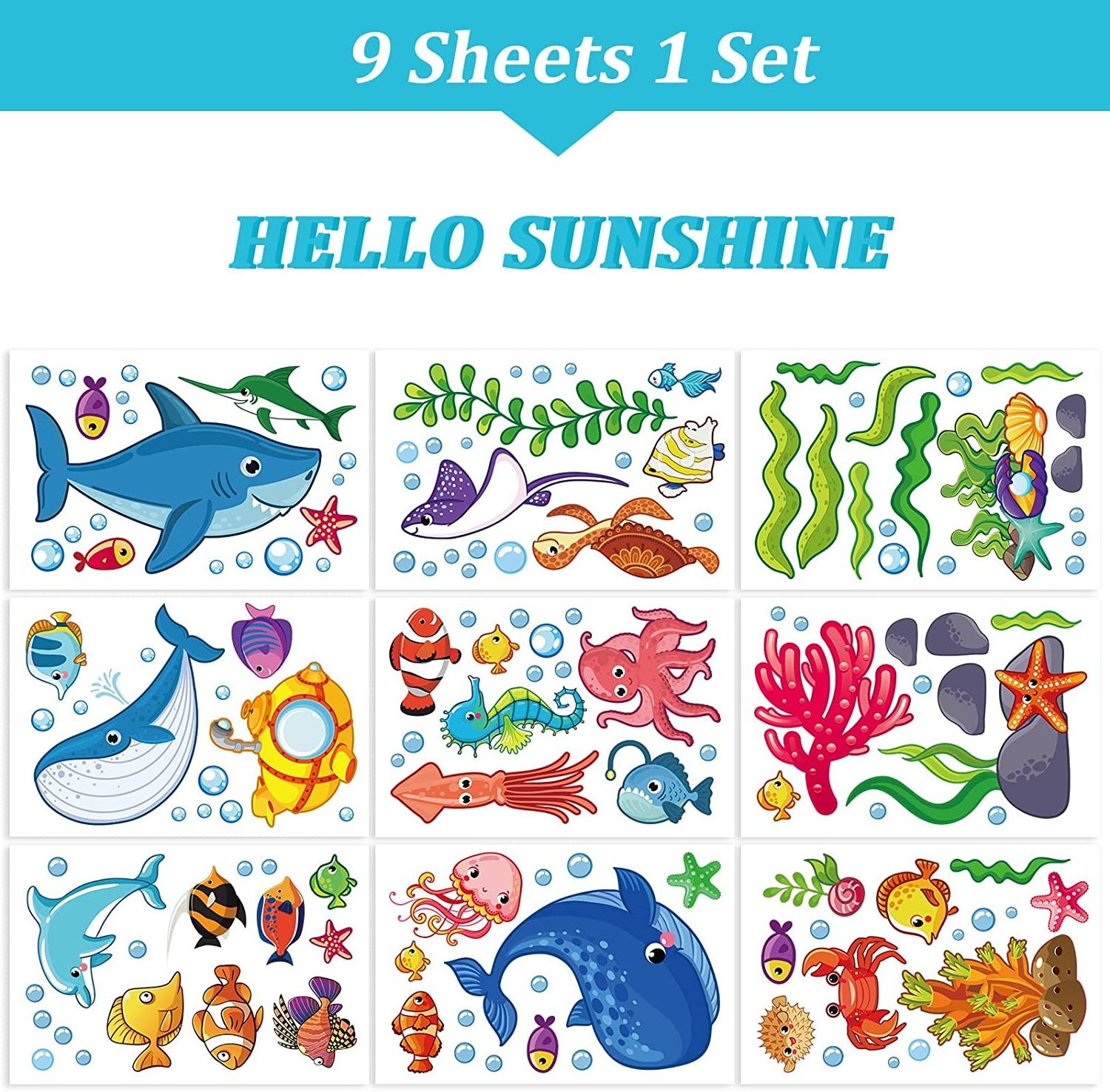 9 Sheets Ocean Themed Window Clings Stickers Cartoon Sea Life Under The Sea Double-Sided Window Decals for Summer School Home