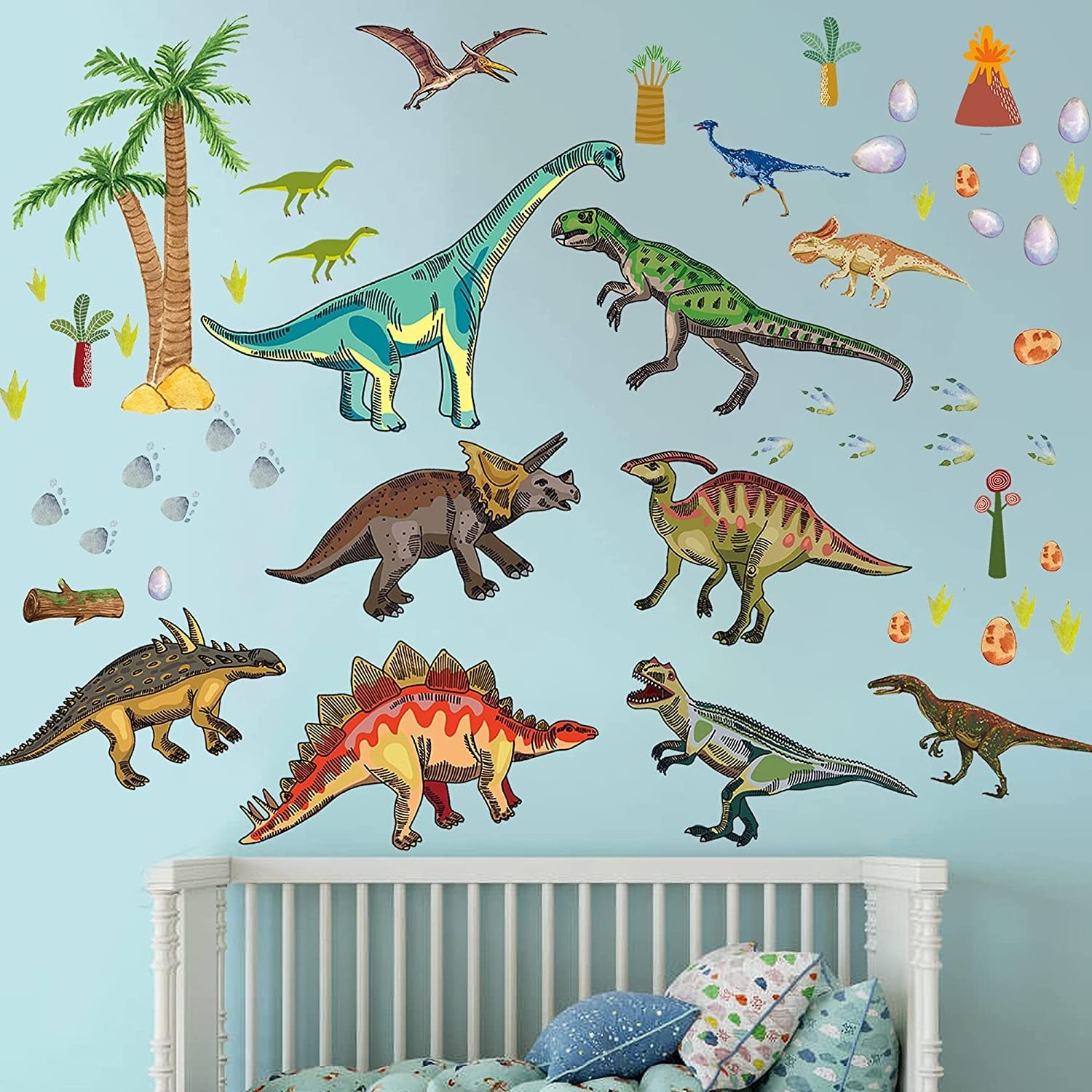 Dinosaur Wall Decals for Boys Room Watercolor Dinosaur Wall Stickers for kids Bedroom Large Dino Wall Decorations for Nursery