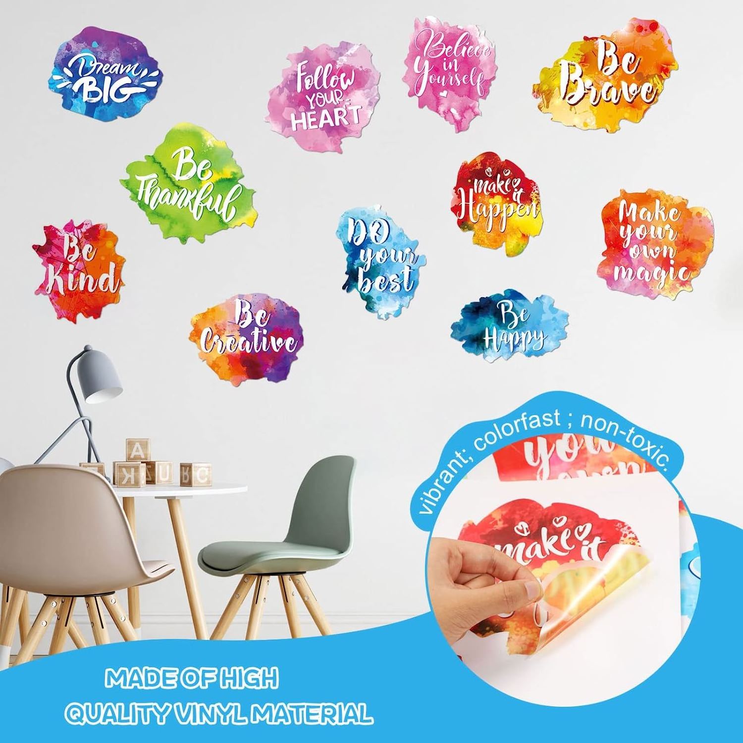 6 Pieces Colorful Inspirational Wall Decal Watercolor Inspirational Quote Wall Sticker Motivational Lettering Sticker for Home B