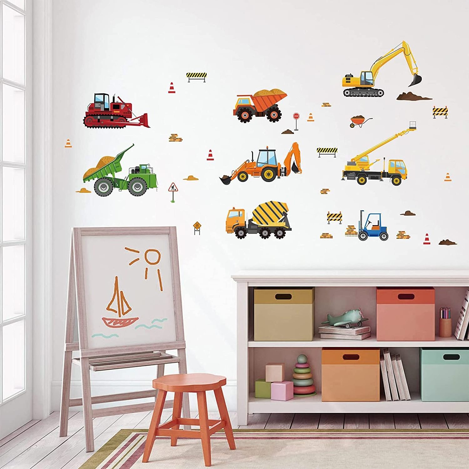 Construction Vehicles Wall Decals Tractor Excavator Crane Wall Stickers Kids Bedroom Boys Room Playroom Wall Decor