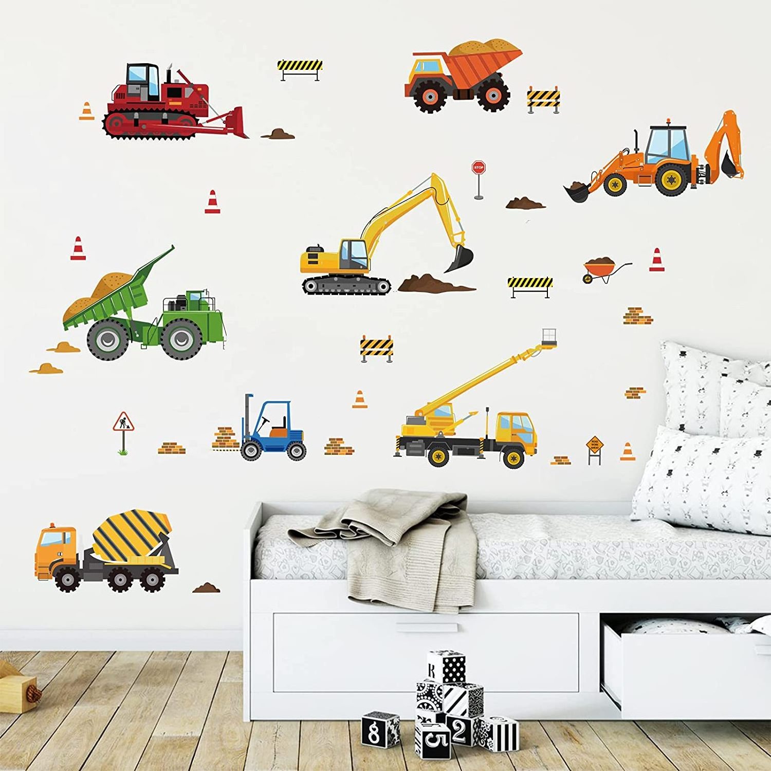 Construction Vehicles Wall Decals Tractor Excavator Crane Wall Stickers Kids Bedroom Boys Room Playroom Wall Decor