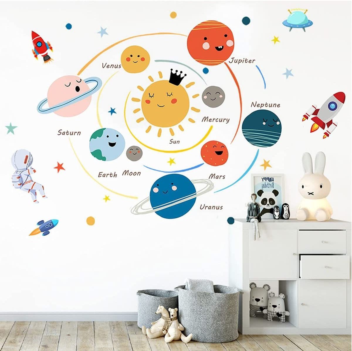 Space Planet Wall Decals Boy Room,Large Wall Stickers Kids Bedroom Peel and Stick Removable,Cute Wall Stickers Decals Decor for