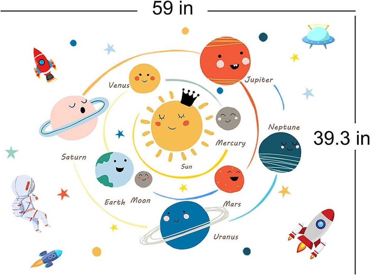 Space Planet Wall Decals Boy Room,Large Wall Stickers Kids Bedroom Peel and Stick Removable,Cute Wall Stickers Decals Decor for