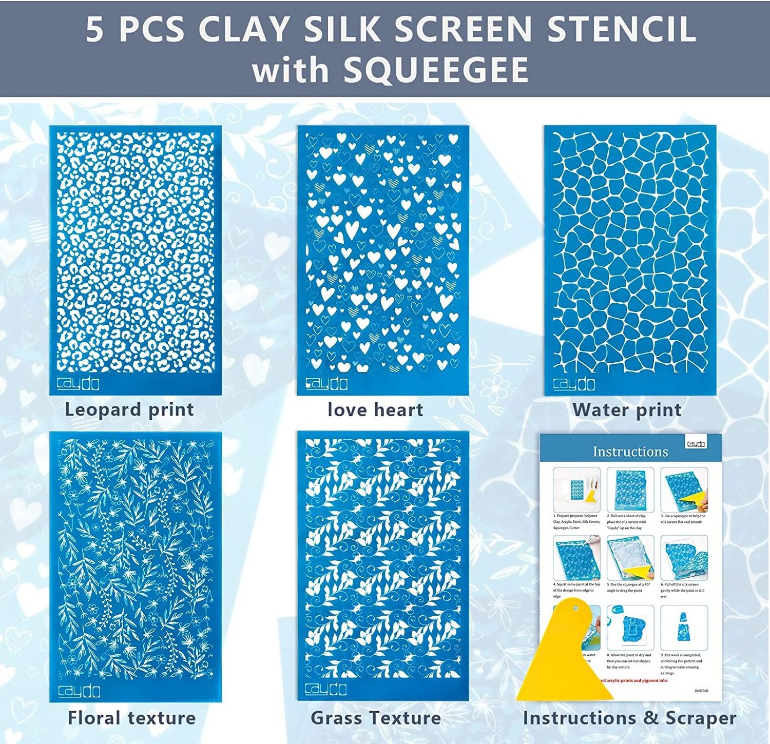 Silk Screen Stencils for Polymer Clay, 5 PCS Reusable Silkscreen Print with Squeegee, Working with Clay Earrings Cutters for Pri