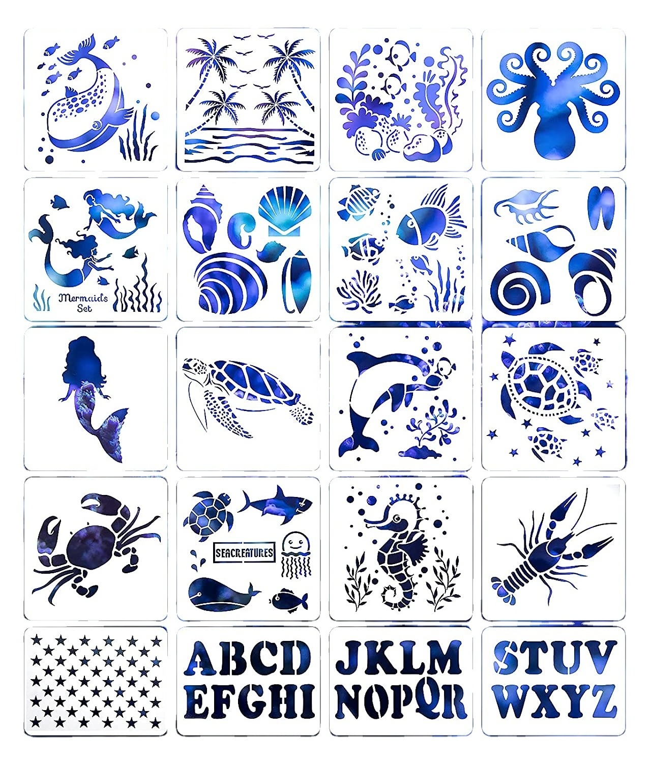 Sea Ocean Creatures & American Flag Star & Alphabet Letters Templates Reusable Plastic Drawing Stencils  for DIY Crafts