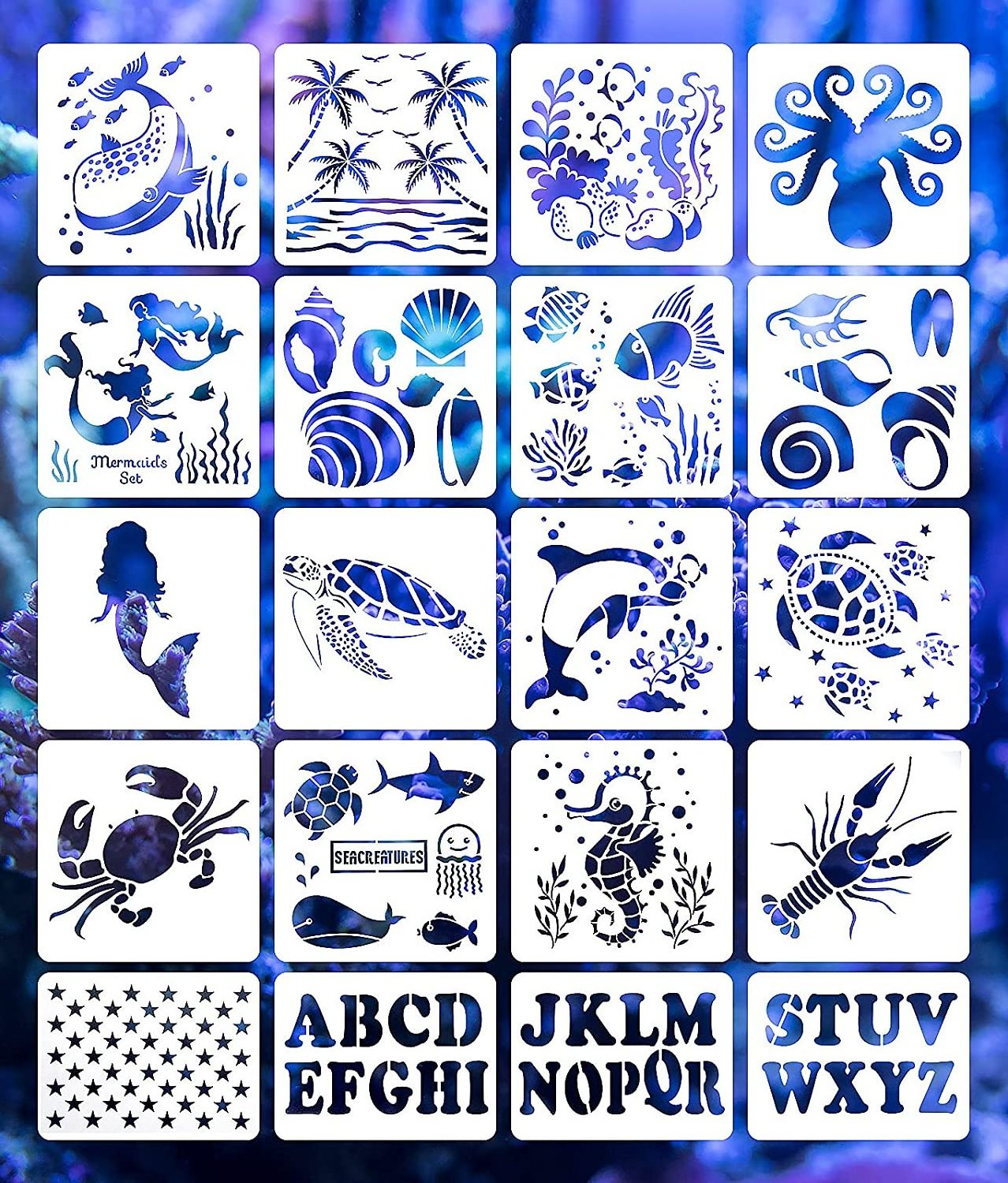 Sea Ocean Creatures & American Flag Star & Alphabet Letters Templates Reusable Plastic Drawing Stencils  for DIY Crafts