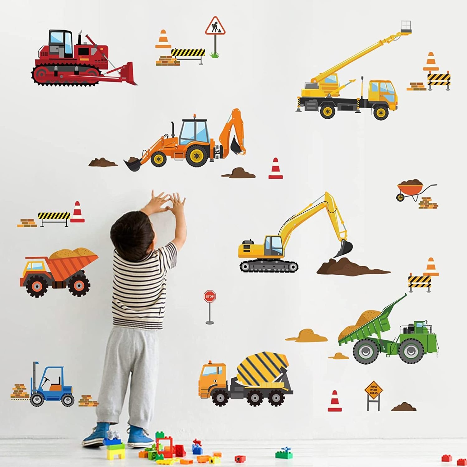 Construction Vehicles Wall Decals Tractor Excavator Crane Wall Stickers Kids Bedroom Boys Room Playroom Wall Decor