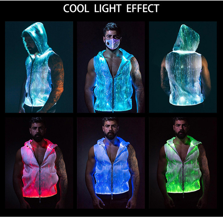 High End Quilted Dancing Jacket Night Light Men's Zip Hoodie Glow Jacket LED Fiber Optic Cloth Stand Woven Hip Hop Unisex Dyed