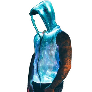 High End Quilted Dancing Jacket Night Light Men's Zip Hoodie Glow Jacket LED Fiber Optic Cloth Stand Woven Hip Hop Unisex Dyed