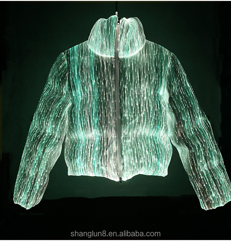 Luxury Custom Winter High Tech Glow Down Jacket LED Fiber Optic Bread Jacket Unisex Warm Thick Glow Coat Flash Puff Jacket Stand