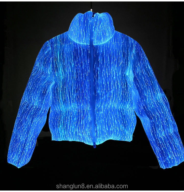 Luxury Custom Winter High Tech Glow Down Jacket LED Fiber Optic Bread Jacket Unisex Warm Thick Glow Coat Flash Puff Jacket Stand