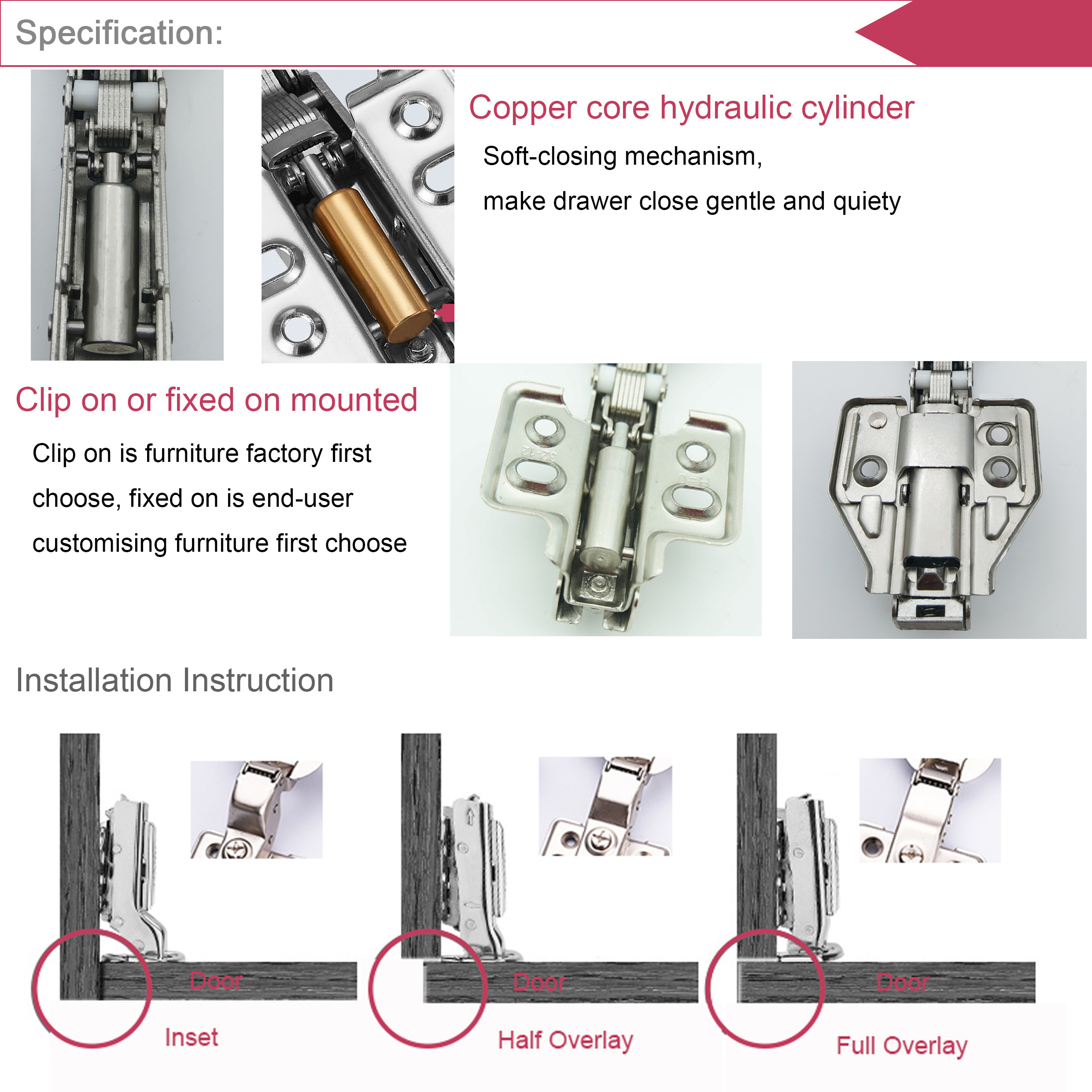 Cabinet hinge One Way 35mm hidden 2D 3D adjustable concealed Soft Close Hinge