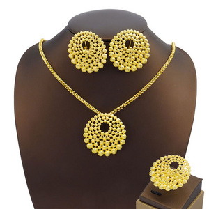 Sunnice High Quality Alloy Senegal Bride Wedding Gift Golden Dubai Necklace Ring Set Round Pendant Women African Jewelry