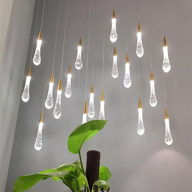 Nordic modern lighting luxury meteor shower rain water drop chandelier pendant light for rotating staircase