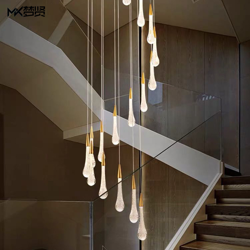 Nordic modern lighting luxury meteor shower rain water drop chandelier pendant light for rotating staircase