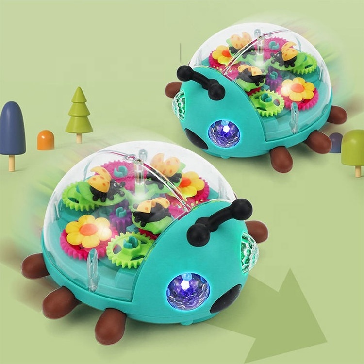 New arrival universal wheel 360 degree rotation plastic ladybug insect toy transparent gear beetle with light and music