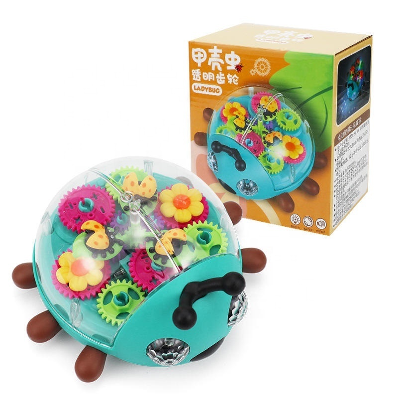 New arrival universal wheel 360 degree rotation plastic ladybug insect toy transparent gear beetle with light and music