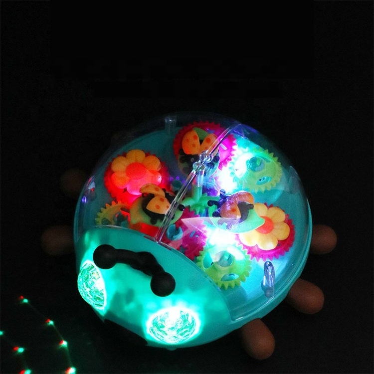 New arrival universal wheel 360 degree rotation plastic ladybug insect toy transparent gear beetle with light and music