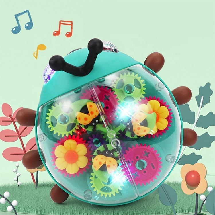 New arrival universal wheel 360 degree rotation plastic ladybug insect toy transparent gear beetle with light and music