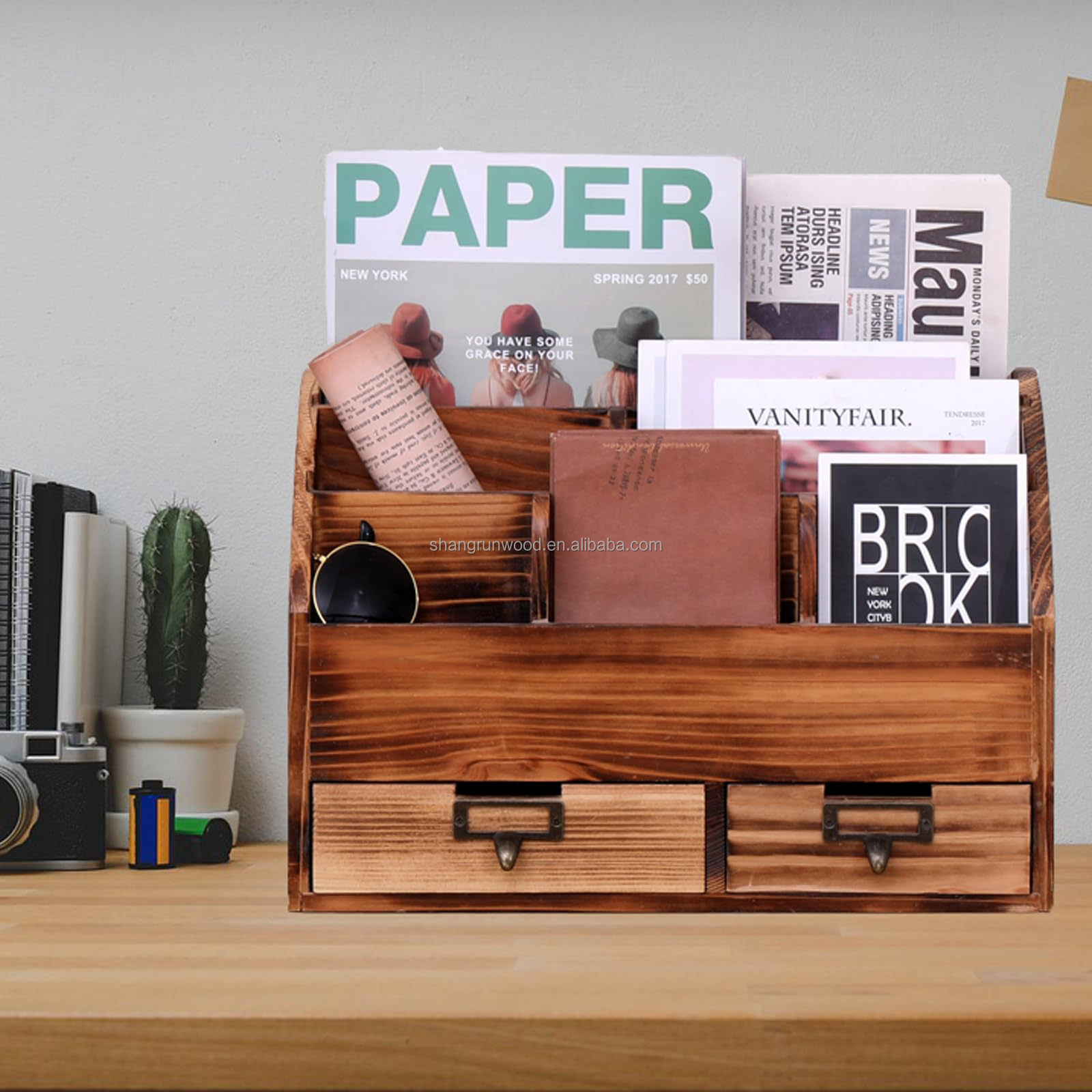 Wooden Desk Organizer Pencil Holder Cosmetic Storage Desk Box Desk Organizer Metal Pen Organizer Pencil Holder With 2 Drawer