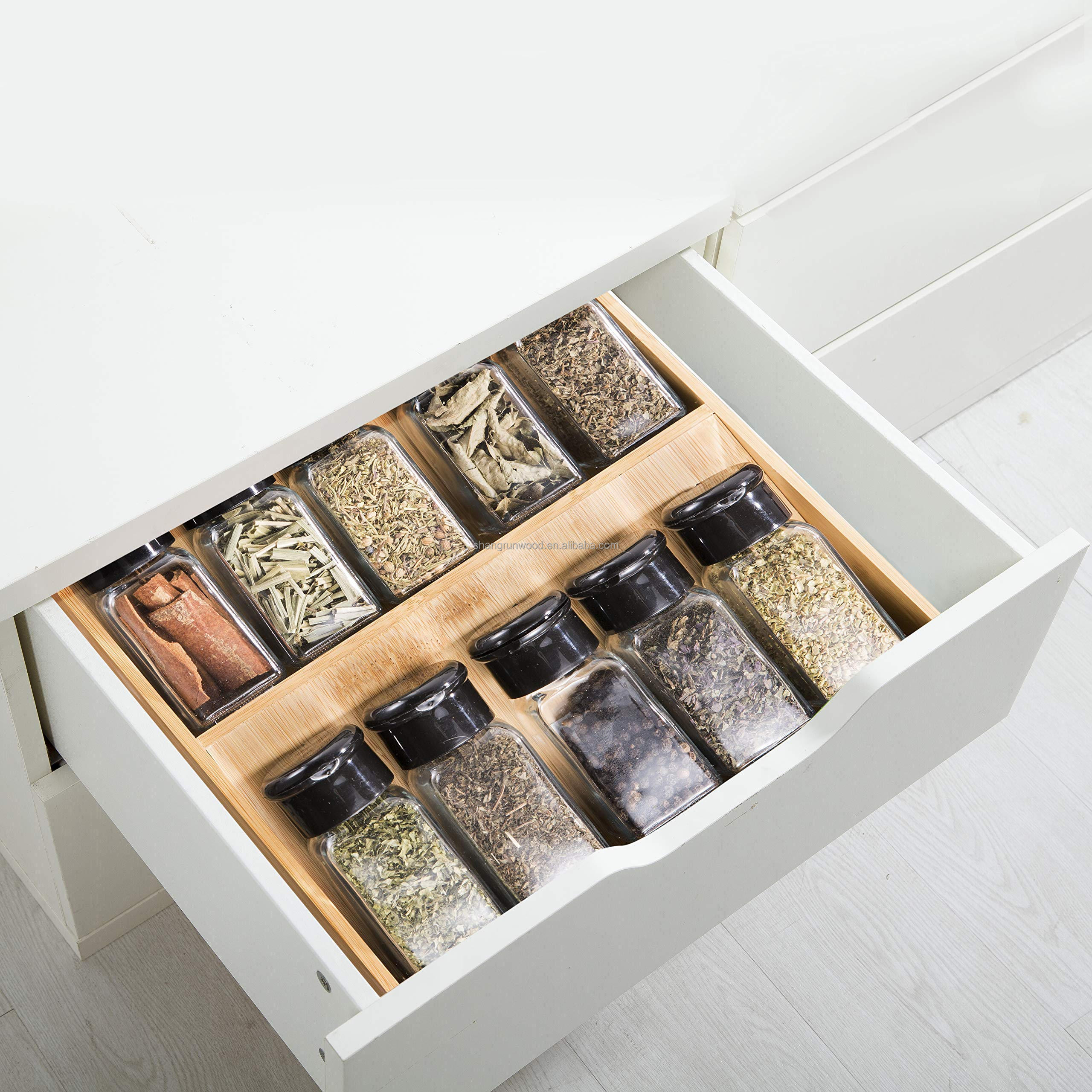 Wooden Under The Cabinet Pull Down Spice Rack Organizer Kitchen Drawer 3 Tier Bamboo Spice Tray Cabinet