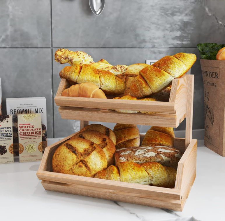 2 Tier Bamboo Kitchen Basket Bread Storage Stand Countertop Basket Bowl Holder Tray Wooden Fruit And Vegetable Storage Rack