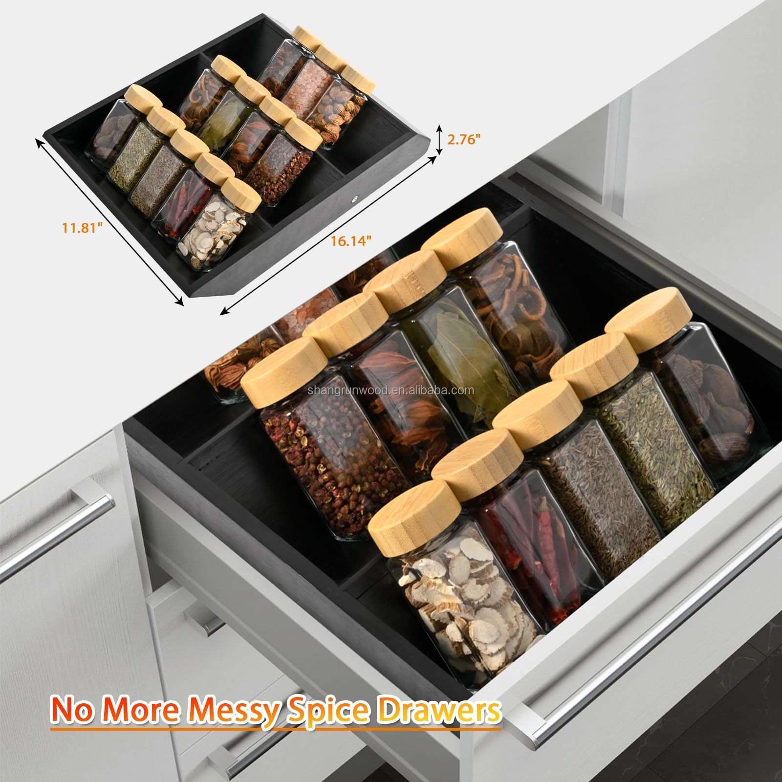 Bamboo Spice Rack Organizer Black Kitchen Drawer Organizer Shelf with Anti-Slip Pads for Food Storage