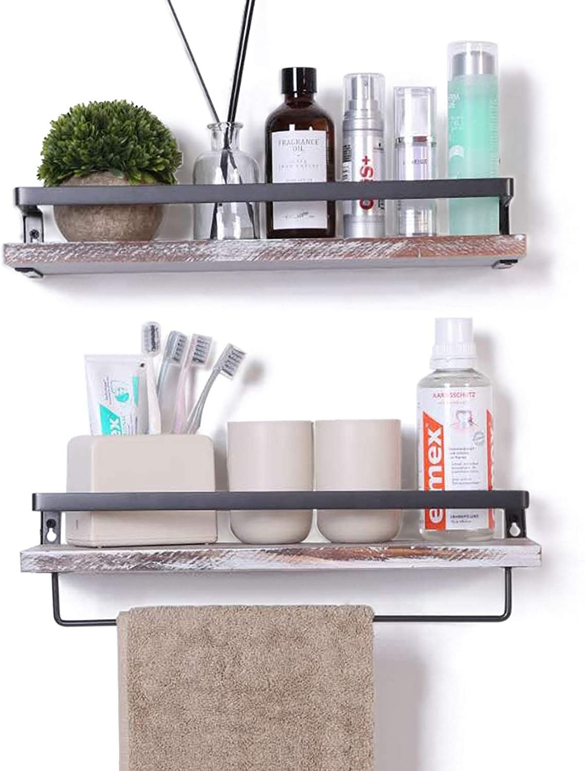 Rustic 2-piece White Washed Wall Mounted Storage Shelves Floating Shelf Kitchen Storage Rack Set With Towel Holder For Kitchen