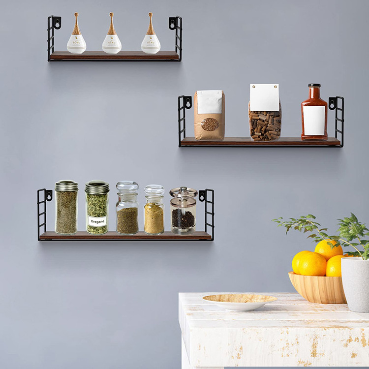 Rustic Metal Wall Decoration Floating Shelves Wall Mounted Shelves Wood Wall Storage Shelf For Living Room Kitchen Office Set