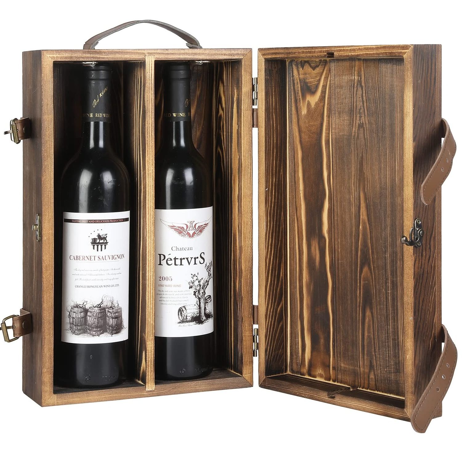 Double Bottle Decorative Magnum Liquor Wine Wood Box Engraved Wood Wine Box With Latched Lid Liquor Bottle Storage Carrying Case