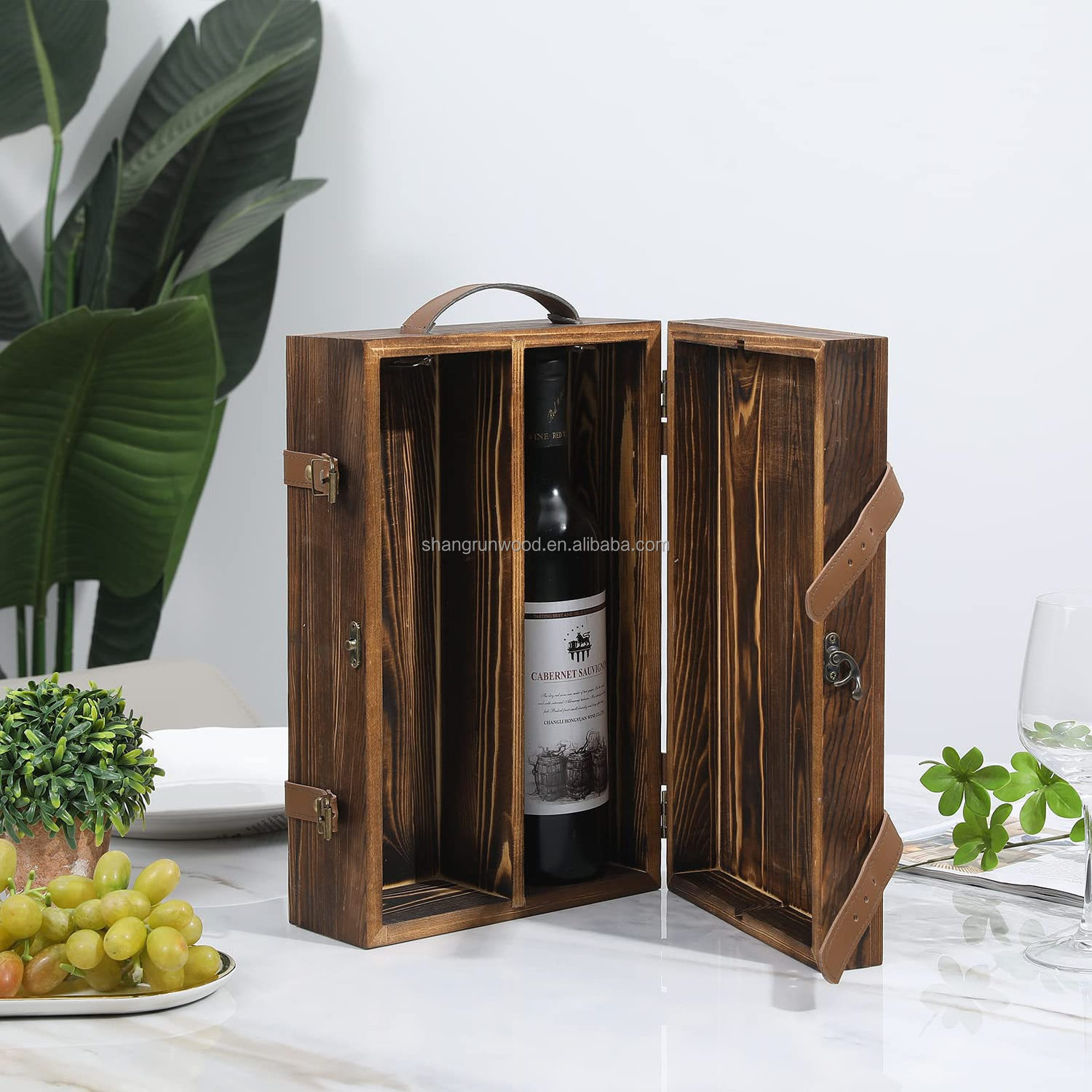 Double Bottle Decorative Magnum Liquor Wine Wood Box Engraved Wood Wine Box With Latched Lid Liquor Bottle Storage Carrying Case