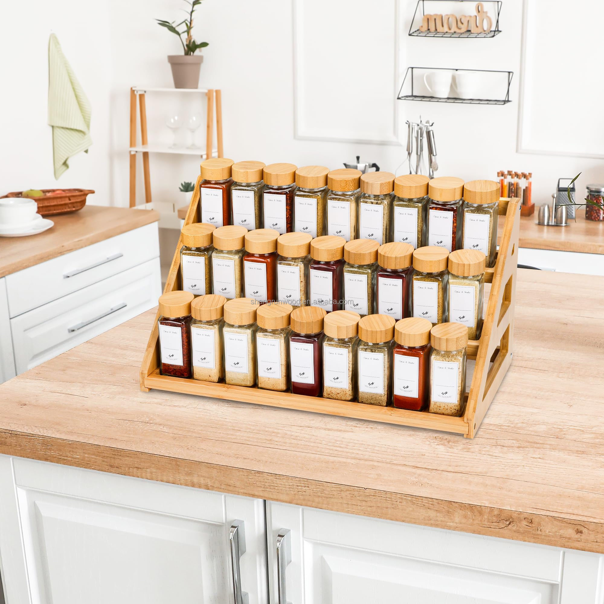 Household 3-Layer Bamboo Spice Rack Organizer Spice Portable Storage Rack Kitchen Simple Spice Jar Storage Shelf