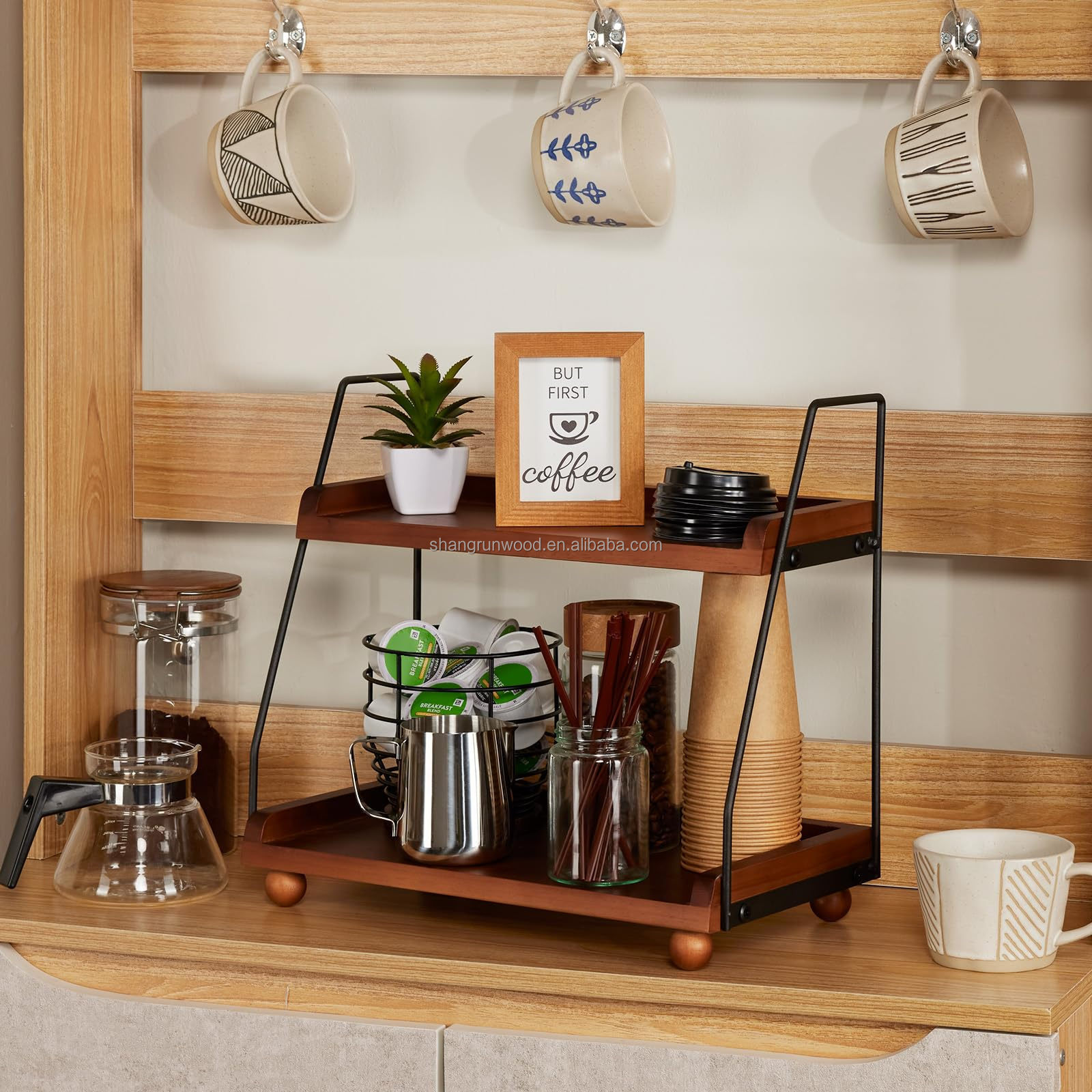 2 Tier Coffee Bar Accessories And Organizer Shelf Wooden Coffee Station Organizer For Countertop Coffee Bar Decor