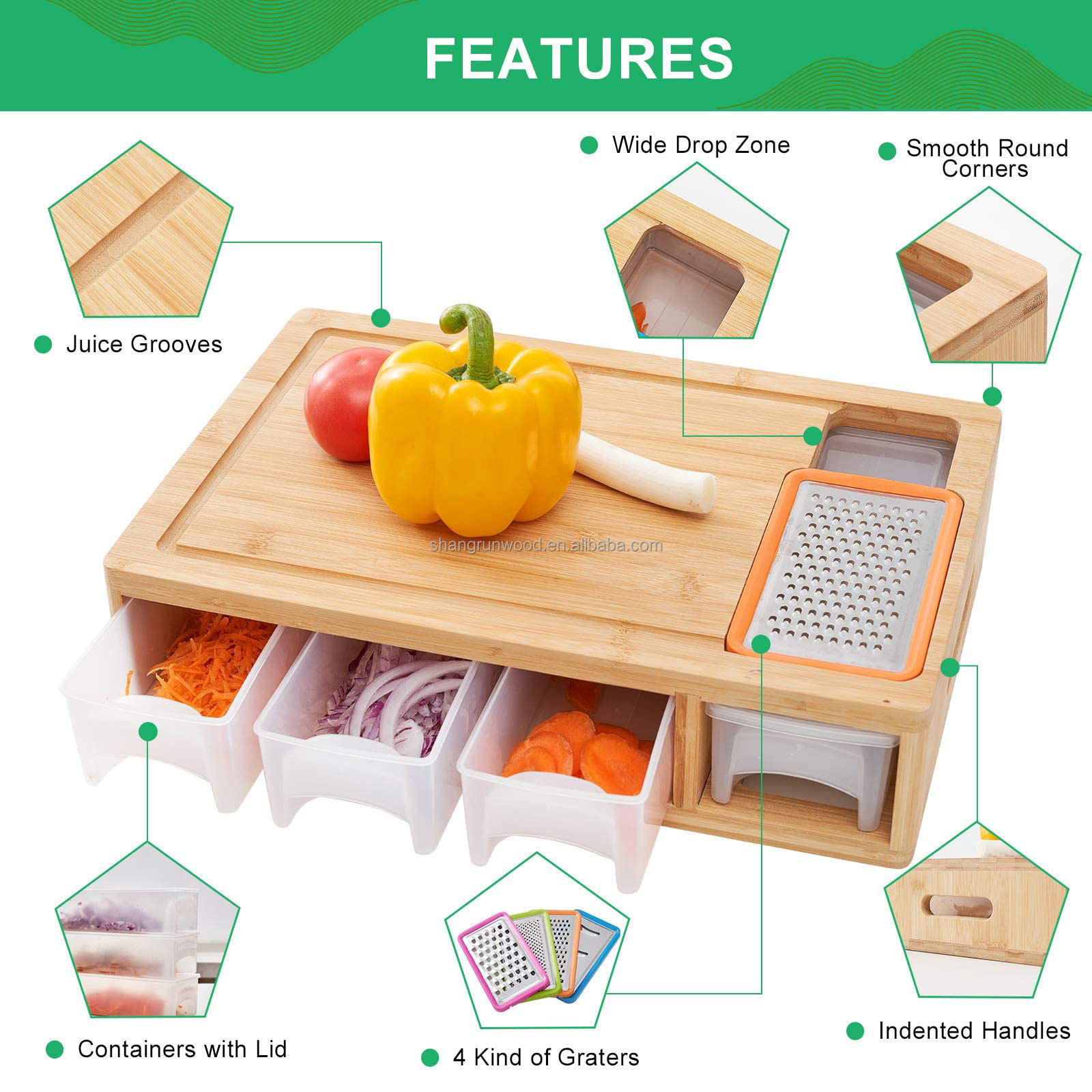 Bamboo Cutting Board Food Prep Deck Large Chopping Cutting Boards With Containers 4 Trays/Storage With Lids & 4 Graters