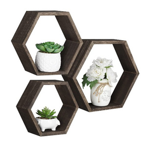 Hexagon Wall Decor Floating Shelves 3-Pack Decorative Wood Wall Shelf Set Screws And Anchors Included Pine Wood Geometric Shelf