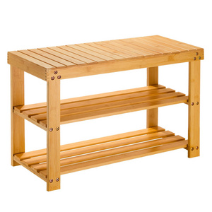 Cabinet Bamboo Shoe Rack Bench With 2 Tiers Shelves Display Storage And Organizer For Bedroom, Entryway, Hallway