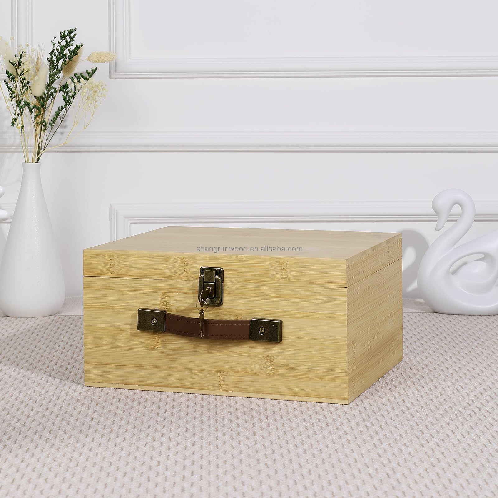 Large Bamboo Wooden Gift Box Craft Supplies Wood 10x9 Art Wooden Boxes With Lock Keys Hinged Lid Pu Leather Handles Lidded