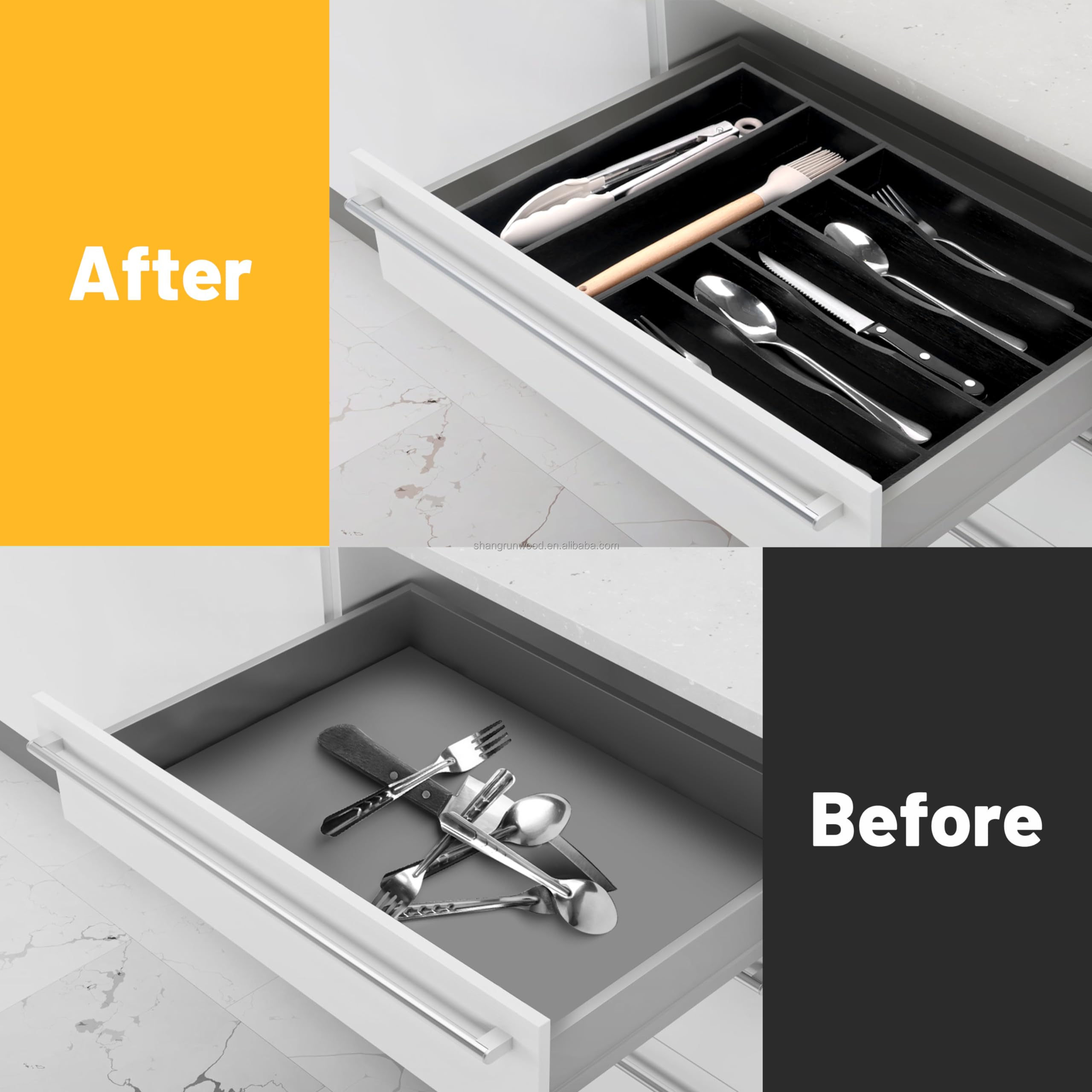 Wooden Kitchen Silverware Cutlery Divider Drawers Tray Cabinet Black Drawer Organizer For Flatware 7 Slot