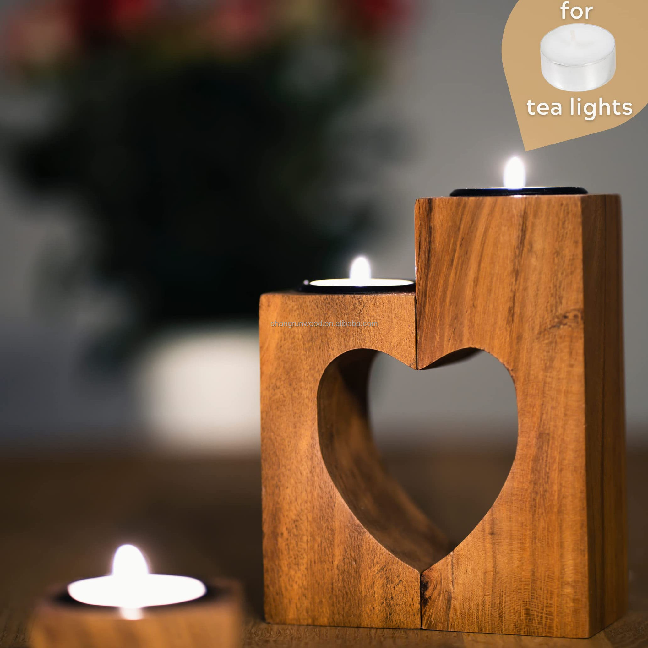 Handmade Decorative Eco-Friendly Wooden Heart Candle Holder Unfinished Wooden Candle Holder Pillar For Dining Table