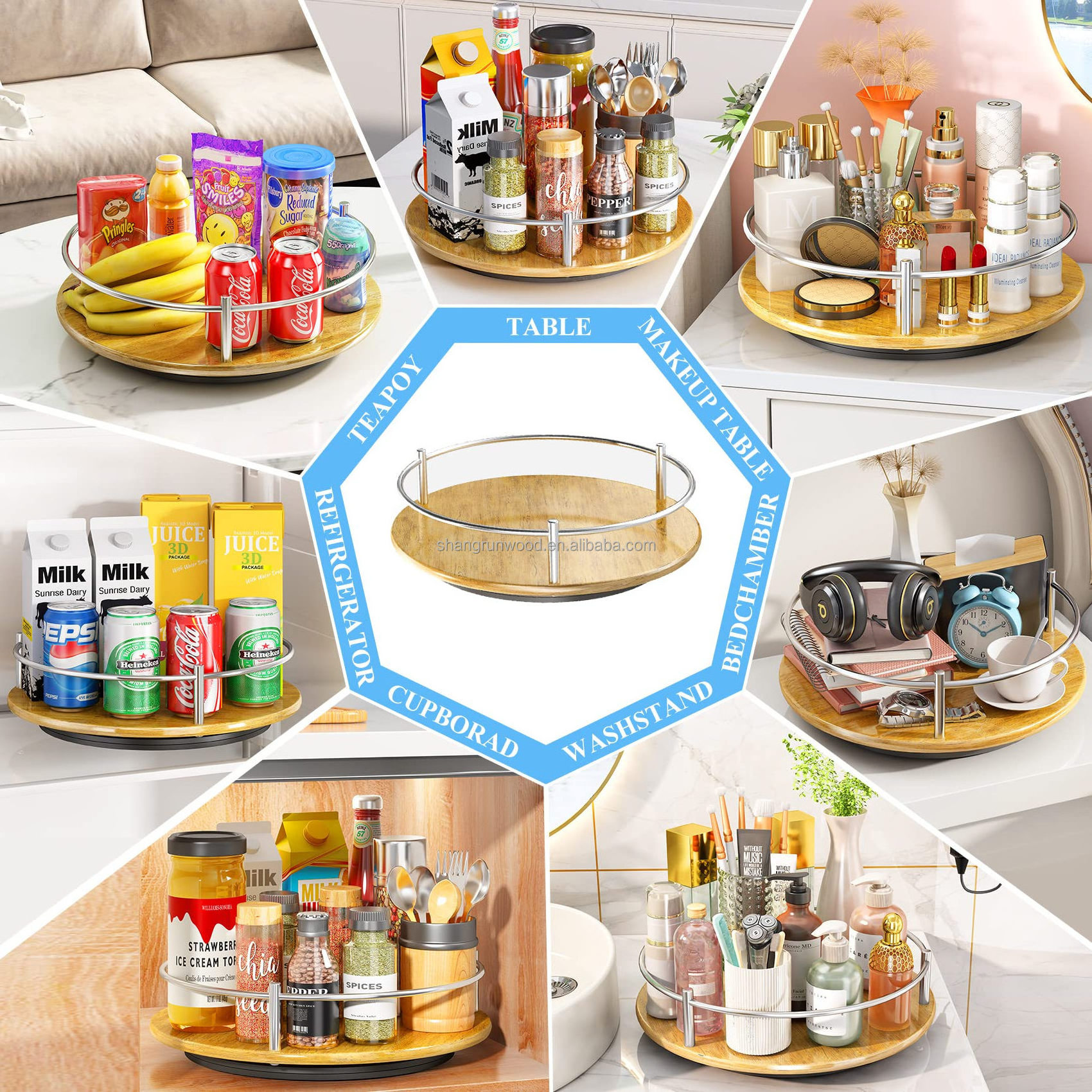 Kitchen Wood Revolving Spice Round Rack Rotating Turntable Organizer For Cabinet Pantry Kitchen Countertop Refrigerator Cupboard