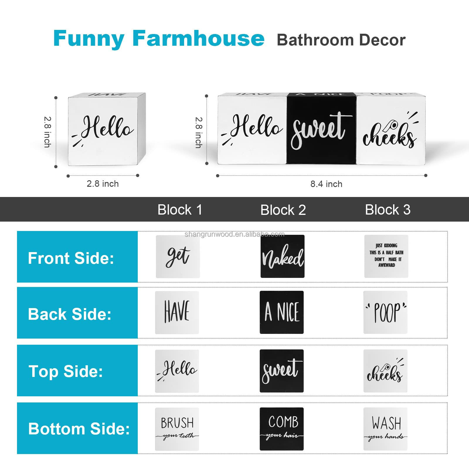 Farmhouse Black And White Wood Box Sign Block Set Of 3 For Bathroom Decor Funny Bathroom Sign With Unique Sayings